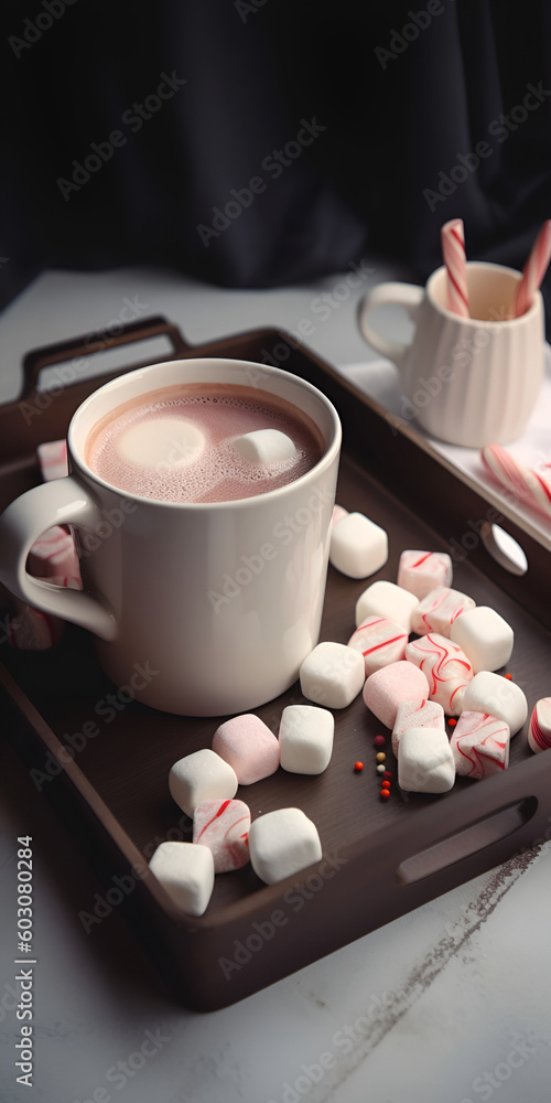 Mug of hot cocoa with white and pink marshmallow and candies. Christmas dish. Vertical poster Mug of hot cocoa with white and pink marshmallow and candies. Christmas dish. Vertical poster