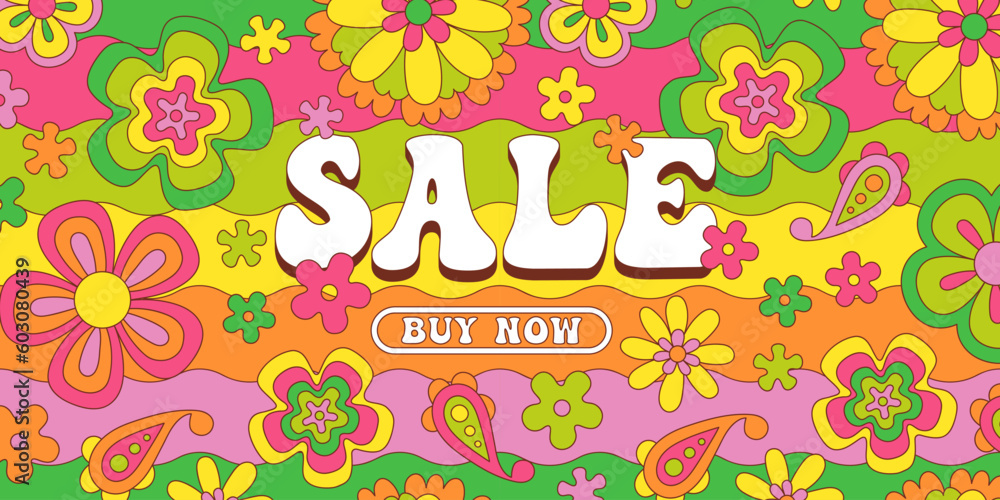 Vintage 60s flower sale template illustration. Retro psychedelic floral landing page web banner. Groovy colorful spring poster, hippie seventies online discount design with repeating daisy flowers.