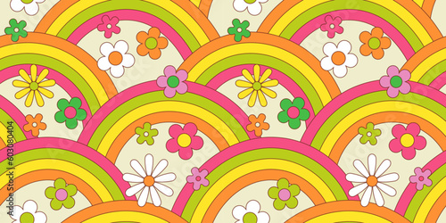 Vintage flower seamless pattern illustration. Retro psychedelic floral background art design. Groovy colorful spring texture, hippie seventies nature backdrop print with repeating daisy flowers.