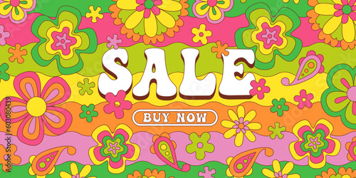 Vintage 60s flower sale template illustration. Retro psychedelic floral landing page web banner. Groovy colorful spring poster, hippie seventies online discount design with repeating daisy flowers.