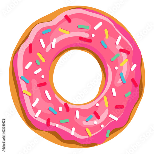 Pink Donut Doughnut Clipart with sprinkles isolated on a white background. Cute, colorful and glossy donut with glaze and powder. Realistic vector illustration.