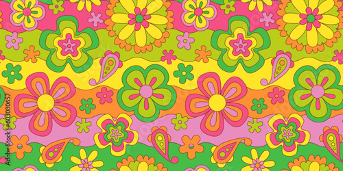 Vintage flower seamless pattern illustration. Retro psychedelic floral background art design. Groovy colorful spring texture, hippie seventies nature backdrop print with repeating daisy flowers.