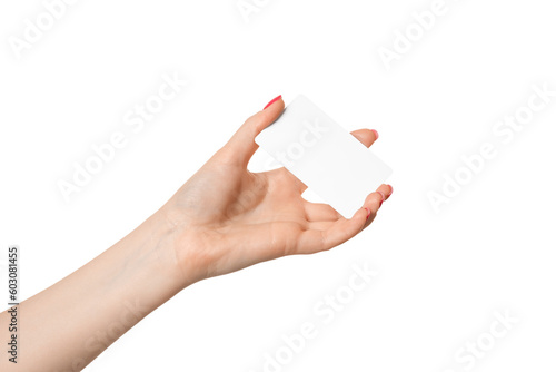 A completely white business card with a copyspace in a woman's hand.