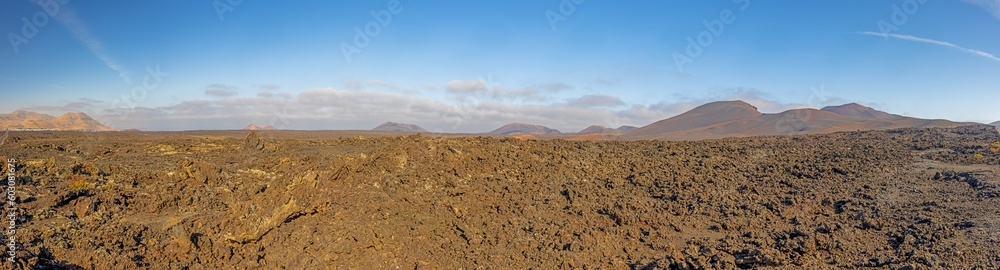 Panoramic view over the barren volcanic Timanfaya National Park on Lanzarote