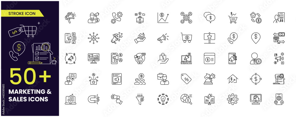 © Iconic Space - Marketing and sales related Vector Line Icons. Contains such Icons as Mail Marketing, Target Audience, Keywording, Product sales and more. Editable Stroke.