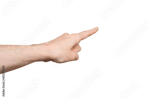A man's hand points the direction with his finger. Points diagonally to the side.  Index finger pressing something. Isolate on a white background. photo