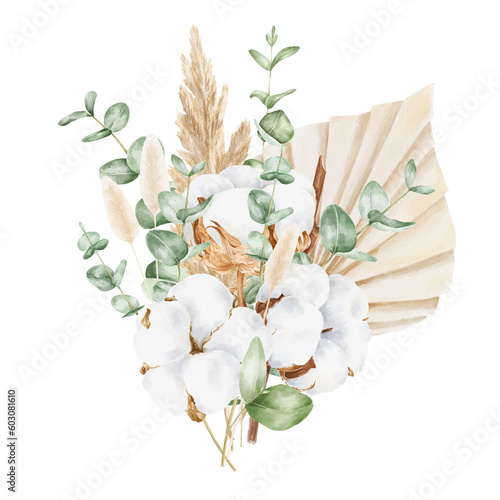 Obraz na płótnie Cotton, eucalyptus and dried plants and flowers bouquet. Botanical illustration. w salonie