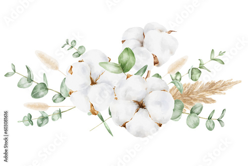 Cotton with eucalyptus and dried flowers arrangement.