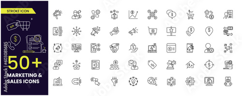 Marketing and sales related Vector Line Icons. Contains such Icons as Mail Marketing, Target Audience, Keywording, Product sales and more. Editable Stroke. 