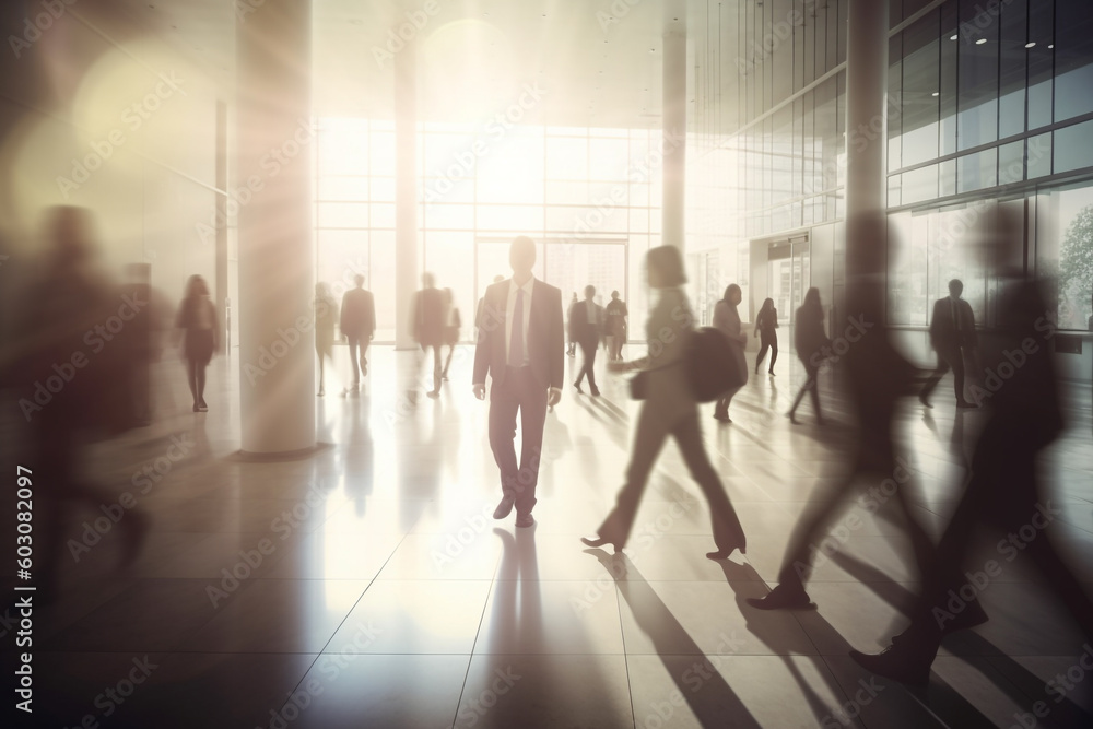 Business and occupation concept. Many business people walking in rush in office building. Motion blur effect. Generative AI Business and occupation concept. Many business people walking in rush in office building. Motion blur effect. Generative AI