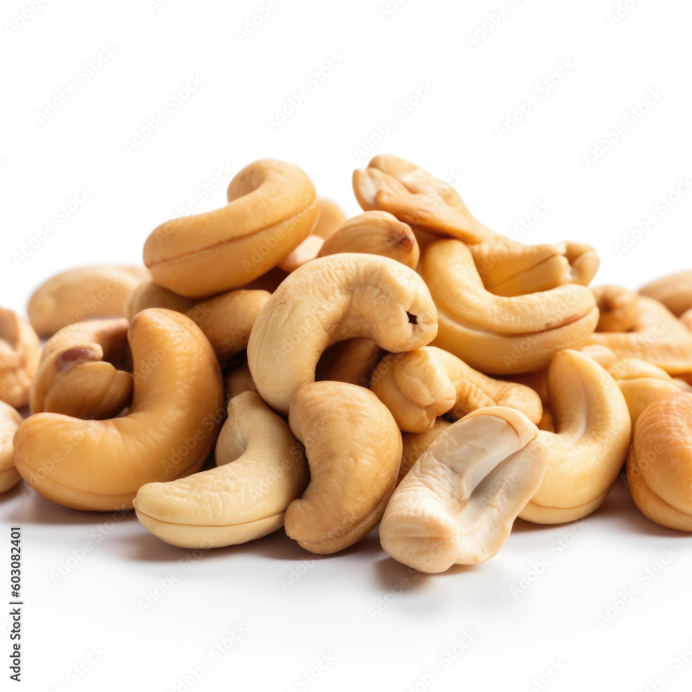 Pile of cashew nuts isolated on white background. Generative AI Pile of cashew nuts isolated on white background. Generative AI