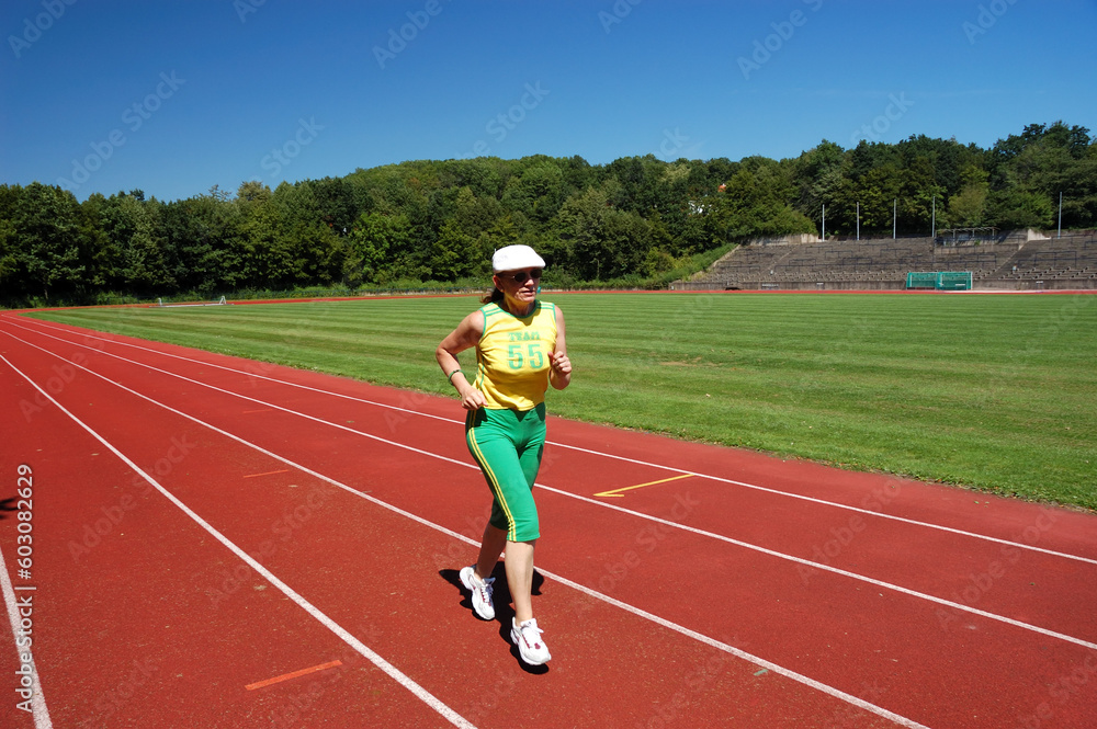 Active senior woman jogging in a stadium