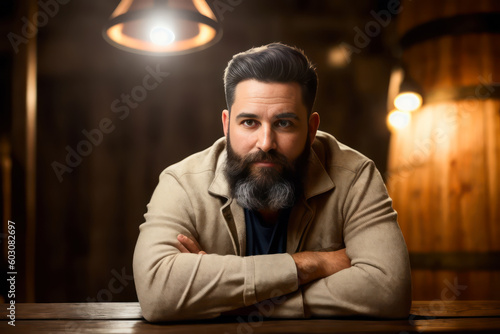 Digital portrait of senior bearded bartender in an old wine cellar with wooden wine barrels in the background. Generative AI