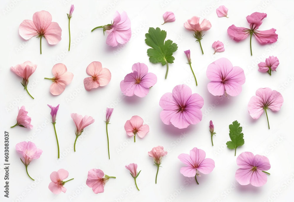 Blooming Pink Geraniums: Isolated Floral Design Elements in Top View, generative AI