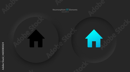 A set of round buttons with gray and blue home symbols. User interface elements for mobile devices in the style of neumorphism, UI, UX. Vector illustration.