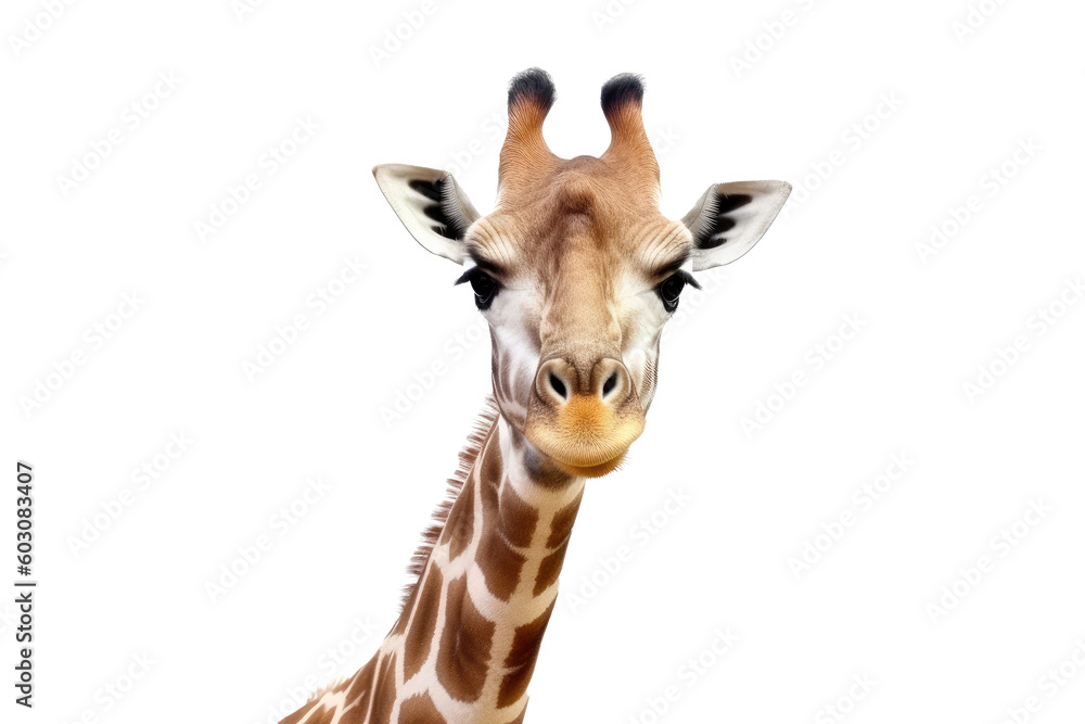 Obraz premium Close up head of Giraffe isolated on clear background, the African wild animal in savanna safari, very long head, with Generative AI.