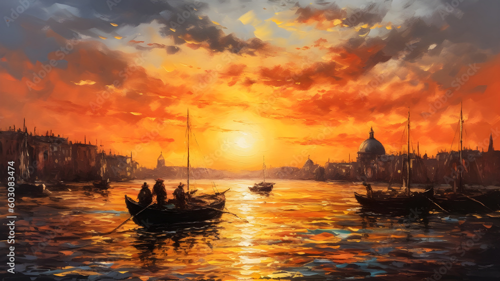 Venice Italy (inspired) sunset beautiful oil painted art generated by AI