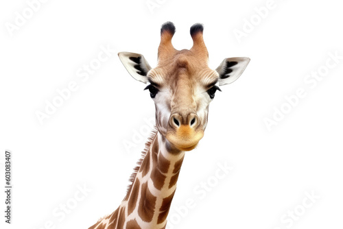 Close up head of Giraffe isolated on clear background, the African wild animal in savanna safari, very long head, with Generative AI.