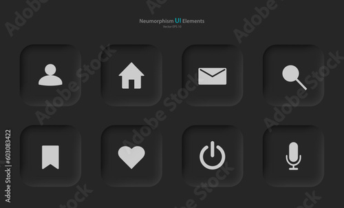 Buttons for mobile devices in the style of neumorphism, UI, UX. A set of user interface elements for a mobile application in black with gray elements. Vector EPS 10.
