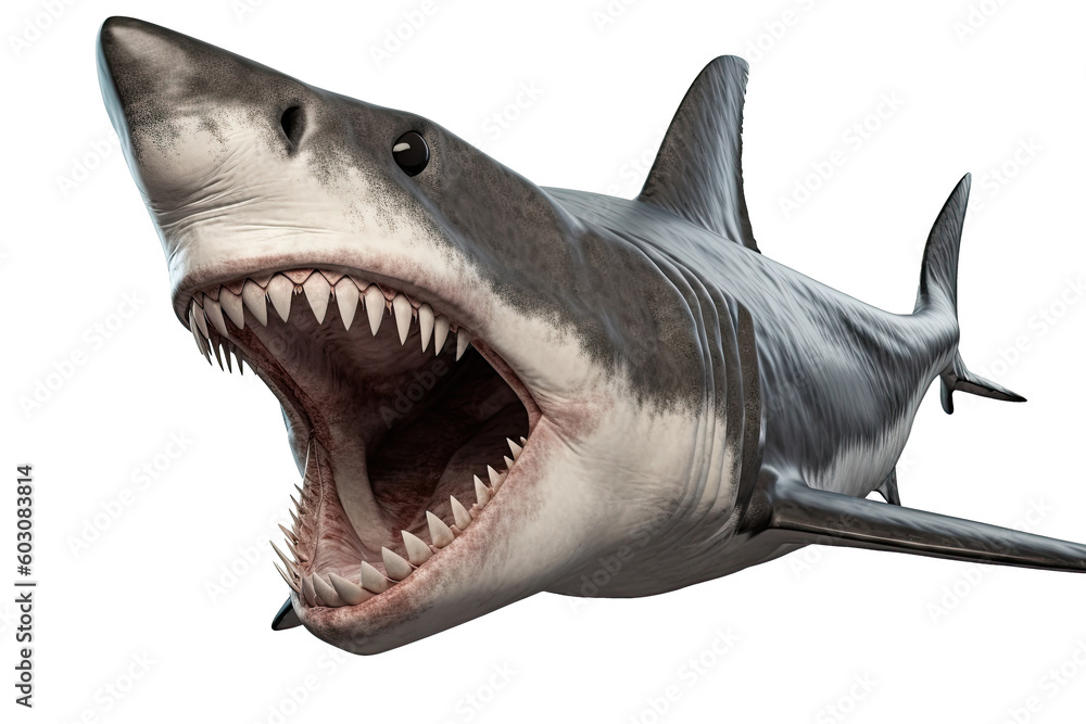 Naklejka premium Great white Shark the famous predator in the ocean isolated on clear background, marine animal, clip art, diversity of animals, with Generative AI.
