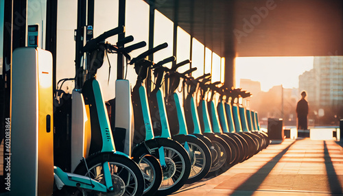 Bike sharing, scooter sharing - mobile personal electric transport in the business center of the city. AI generative.
