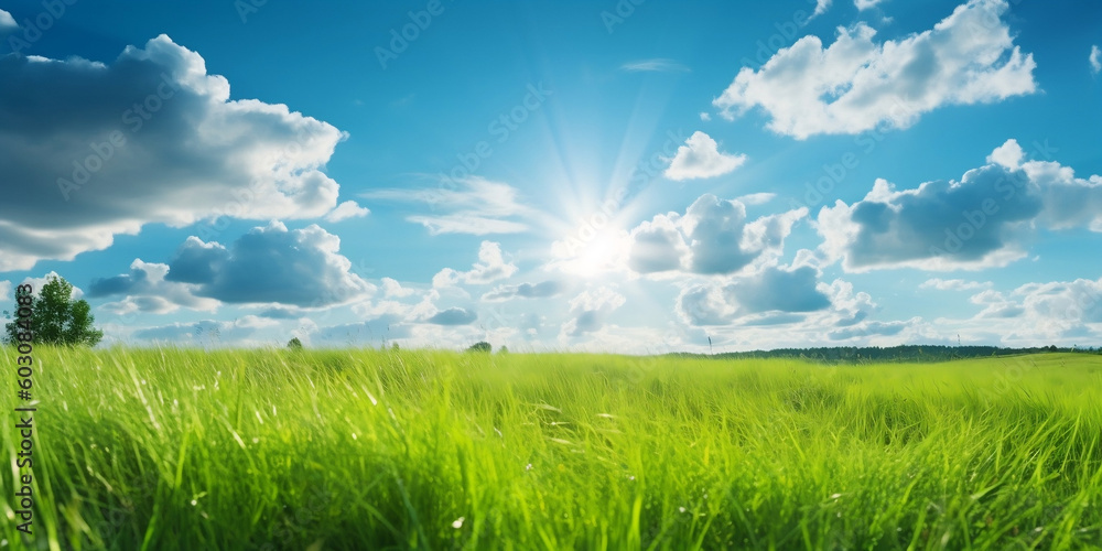 Summer Bliss: A colorful natural landscape of a sunny meadow with blue skies and fluffy clouds,, generative AI Summer Bliss: A colorful natural landscape of a sunny meadow with blue skies and fluffy clouds,, generative AI