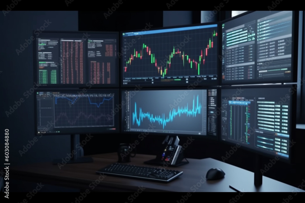 Business and finance concept. Many screens with trading setup and charts on the screens. Copy space. Generative AI Business and finance concept. Many screens with trading setup and charts on the screens. Copy space. Generative AI