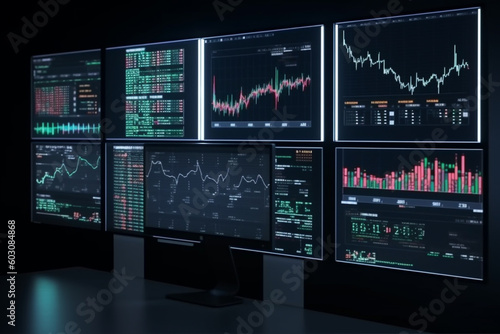 Business and finance concept. Many screens with trading setup and charts on the screens. Copy space. Generative AI