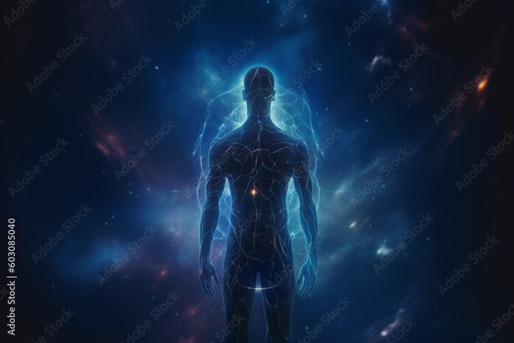 State of mind, meditation, esoteric and spiritual life. Man dark silhouette in space background. Afterlife and connection with other worlds. Generative AI State of mind, meditation, esoteric and spiritual life. Man dark silhouette in space background. Afterlife and connection with other worlds. Generative AI