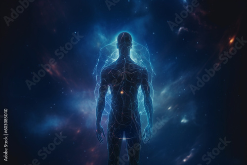 State of mind, meditation, esoteric and spiritual life. Man dark silhouette in space background. Afterlife and connection with other worlds. Generative AI