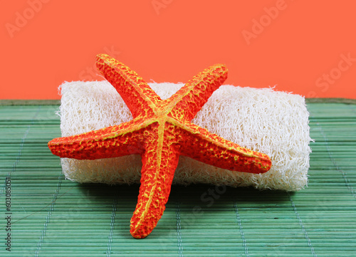 Spa and beauty products - orange starfish and loafah brush.