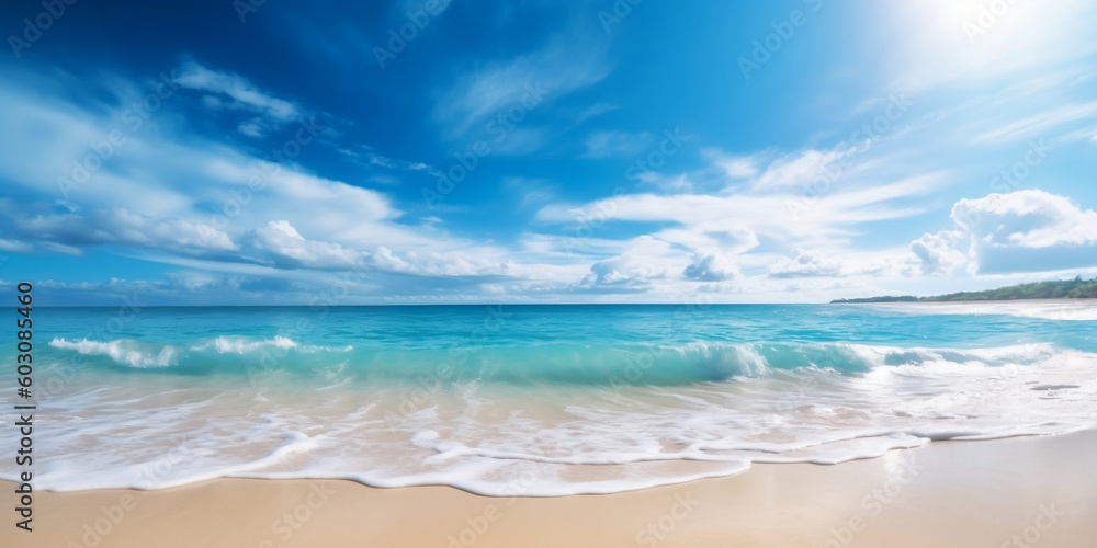 Sunny tropical beach getaway with golden sands and turquoise ocean, generative AI