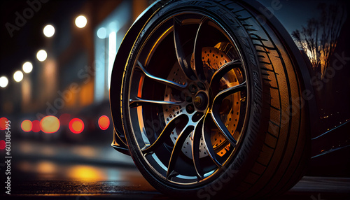 An aluminum rim on a sports car wheel. Defocused night street and lights in the background. Layout. AI generative. © serperm73