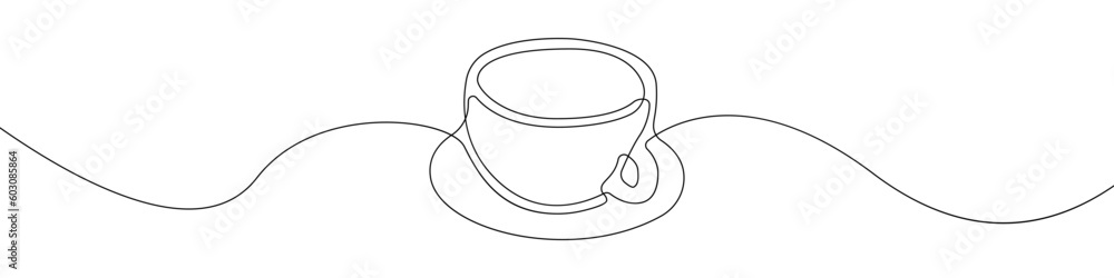 Coffee cup line continuous drawing vector. One line Coffee cup vector background. Coffee cup icon. Continuous outline of a Cafe. Coffee cup linear design.