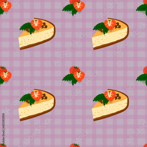 Cheesecake with strawberries, mint and chocolate on a checkered pink background