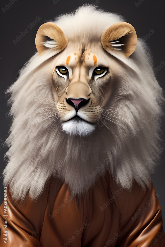 Portrait of White male liondressed in human clothing, illustration painting, generative ai Portrait of White male liondressed in human clothing, illustration painting, generative ai