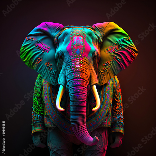 Realistic lifelike elephant mammoth in fluorescent electric highlighters ultra-bright neon outfits, commercial, editorial advertisement, surreal surrealism. 80s Era comeback.
