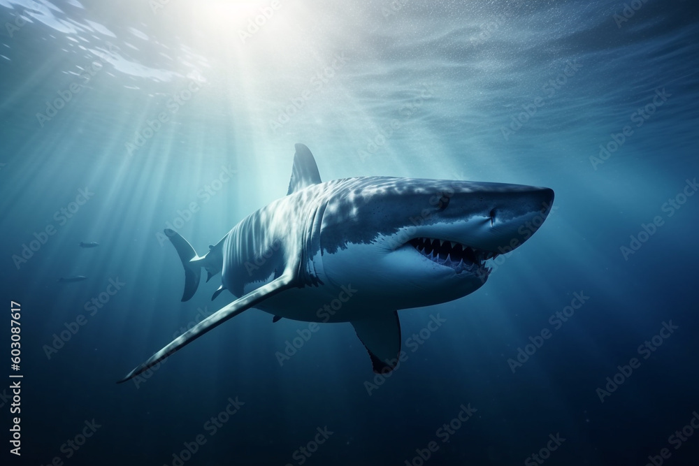 Fototapeta premium Animals, nature and wildlife concept. Great white shark swimming in deep blue waters. Generative AI