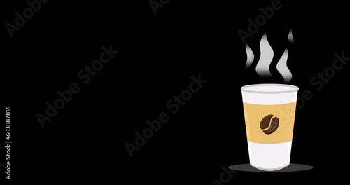 Hot Coffee in a Paper Cup with Steam 2D Animation. Emblem or Electronic Menu for Cafe. Take-away Service Concept.