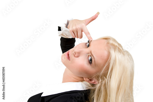 pretty woman showing shooting hand gesture on isolated background