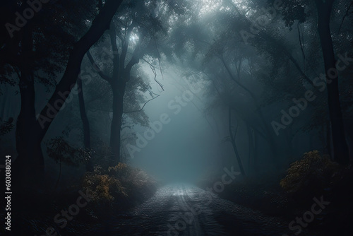 Mystical forest landscape with trees silhouettes in dark. Path in magical dreamy forest. Created with Generative AI © Lazy_Bear