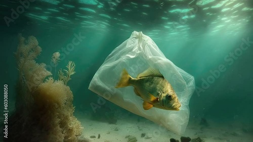 fish in the ocean trapped in plastic bag