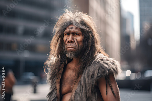 Portrait of prehistoric neanderthal man at city street in present time. Adaptation of ancient man in modern society. Created with Generative AI
