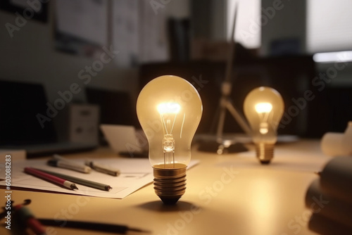 Creative idea for business development. Glowing bulb at office workplace. Lamp on table. Created with Generative AI