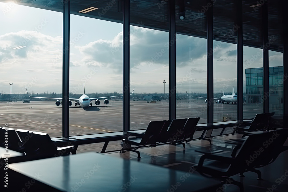 Fototapeta premium Empty airport terminal lounge with plane in window. Travel concept. Created with Generative AI