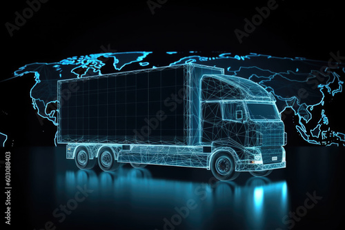 Futuristic cargo truck on highway at night. Glowing truck with trailer. Shipment and logistick concept. Created with Generative AI photo