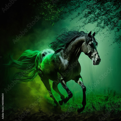 Lovely horse runs through magical green glow