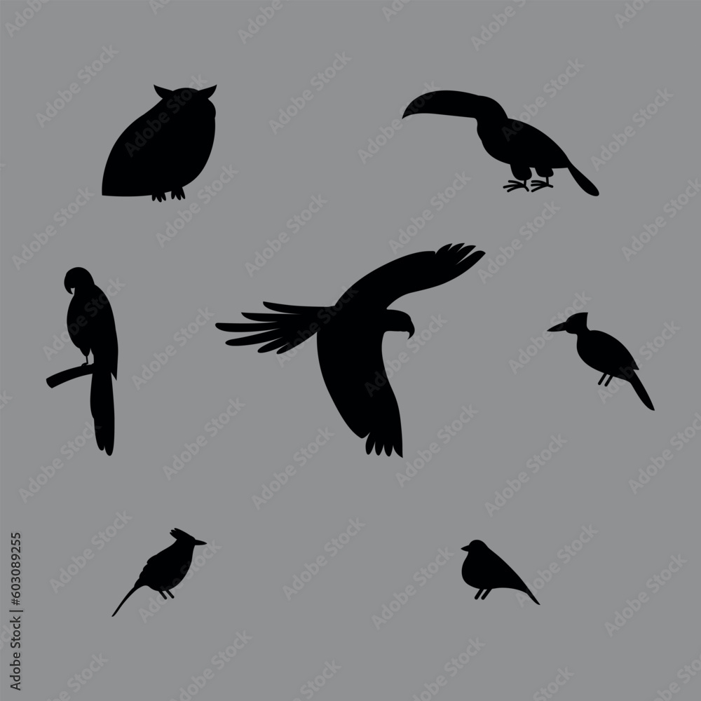 Set of tropica birds icons. Black silhouette. Vector on white background