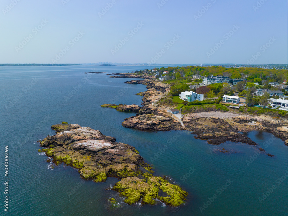 Historic coastal house aerial view in spring near Phillip's Beach in town of Swampscott, Massachusetts MA, USA. 