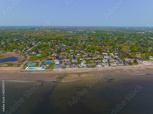 Historic coastal house aerial view in spring near Phillip's Beach in town of Swampscott, Massachusetts MA, USA. 